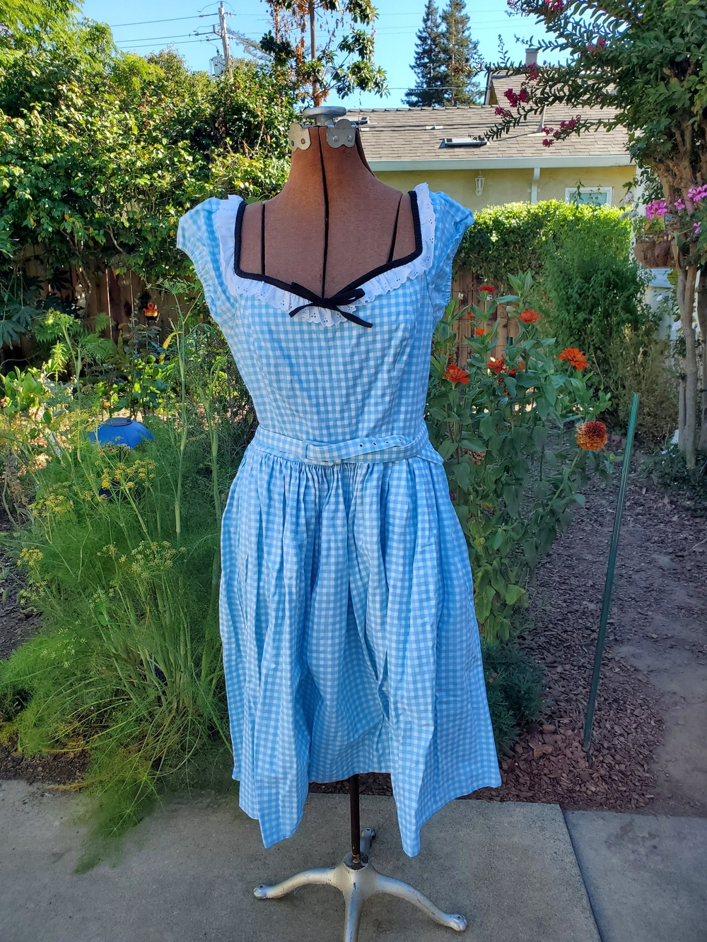 Vixen by Micheline Pitt Blue Gingham Midi Dress with Black Trim